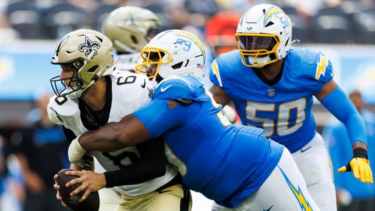 Jamaree Caldwell #99 of the Los Angeles Chargers sacks during the second half against the New Orleans Saints at SoFi Stadium on August 10, 2025 in Inglewood, California. Jamaree Caldwell #99 of the Los Angeles Chargers sacks during the second half against the New Orleans Saints at SoFi Stadium on August 10, 2025 in Inglewood, California.