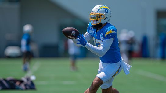 Los Angeles Chargers wide receiver, Keenan Allen 13, makes a slant route catch during the Chargers NFL football training camp on August 12th, 2025 at the Bolt in El Segundo, CA.