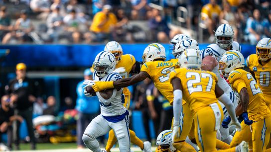 Indianapolis Colts running back, Ameer Abdullah 26, breaks a tackle by Derwin James Jr 3 during an NFL football game against the Los Angeles Chargers, Sunday, October 19 in Los Angeles, California. Indianapolis Colts running back, Ameer Abdullah 26, breaks a tackle by Derwin James Jr 3 during an NFL football game against the Los Angeles Chargers, Sunday, October 19 in Los Angeles, California.