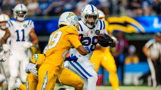 Indianapolis Colts running back, Jonathan Taylor 28, breaks a tackle during a touchdown run during an NFL football game against the Los Angeles Chargers, Sunday, October 19 in Los Angeles, California. Indianapolis Colts running back, Jonathan Taylor 28, breaks a tackle during a touchdown run during an NFL football game against the Los Angeles Chargers, Sunday, October 19 in Los Angeles, California.