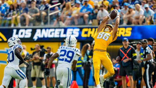 Los Angeles Chargers wide receiver, Oronde Gadsen 86, makes a leaping catch during an NFL football game against the Indianapolis Colts, Sunday, October 19 in Los Angeles, California.