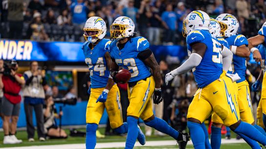 Los Angeles Chargers linebacker, Del'Shawn Phillips (53) celebrates a fumble recovery during an NFL football game against the Pittsburgh Steelers on November 9, 2025 in Los Angeles, CA.