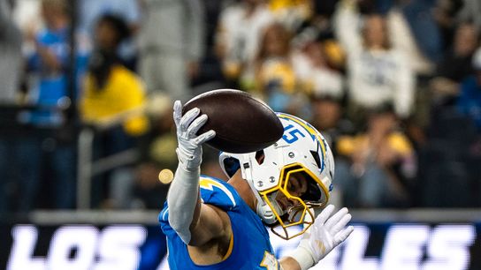 Los Angeles Chargers wide receiver, Ladd McConkey (15) celebrates a touchdown during an NFL football game against the Pittsburgh Steelers on November 9, 2025 in Los Angeles, CA.