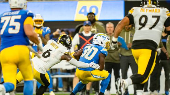 Los Angeles Chargers running back, Kimani Vidal (30) breaks a tackle during an NFL football game against the Pittsburgh Steelers on November 9, 2025 in Los Angeles, CA.