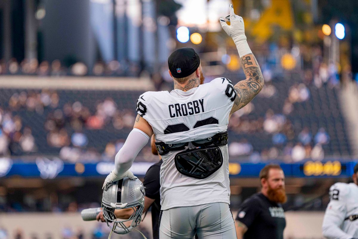 Las Vegas Raiders defensive end, Maxx Crosby (98) getting excited before an NFL football game against the Los Angeles Chargers on November 30, 2025 in Los Angeles, CA.