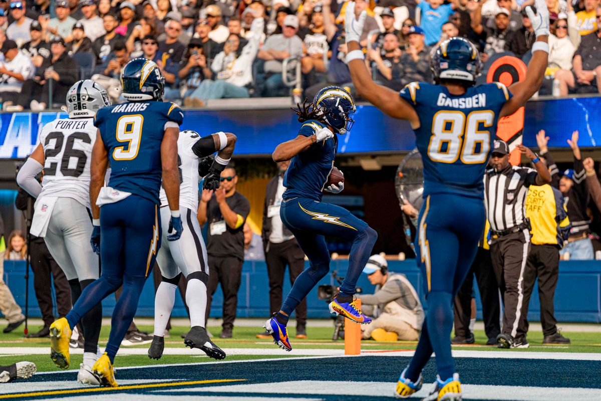 Los Angeles Chargers wide receiver, Quentin Johnston (1) runs into the endzone  during an NFL football game against the Las Vegas Raiders on November 30, 2025 in Los Angeles, CA.