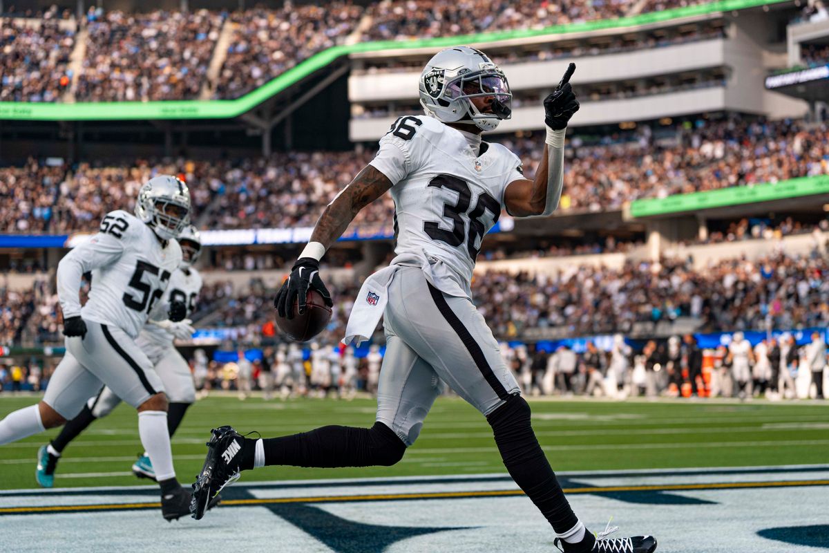 Las Vegas Raiders cornerback, Kyu Blu Kelly (36) celebrates an interception during an NFL football game against the Los Angeles Chargers on November 30, 2025 in Los Angeles, CA.