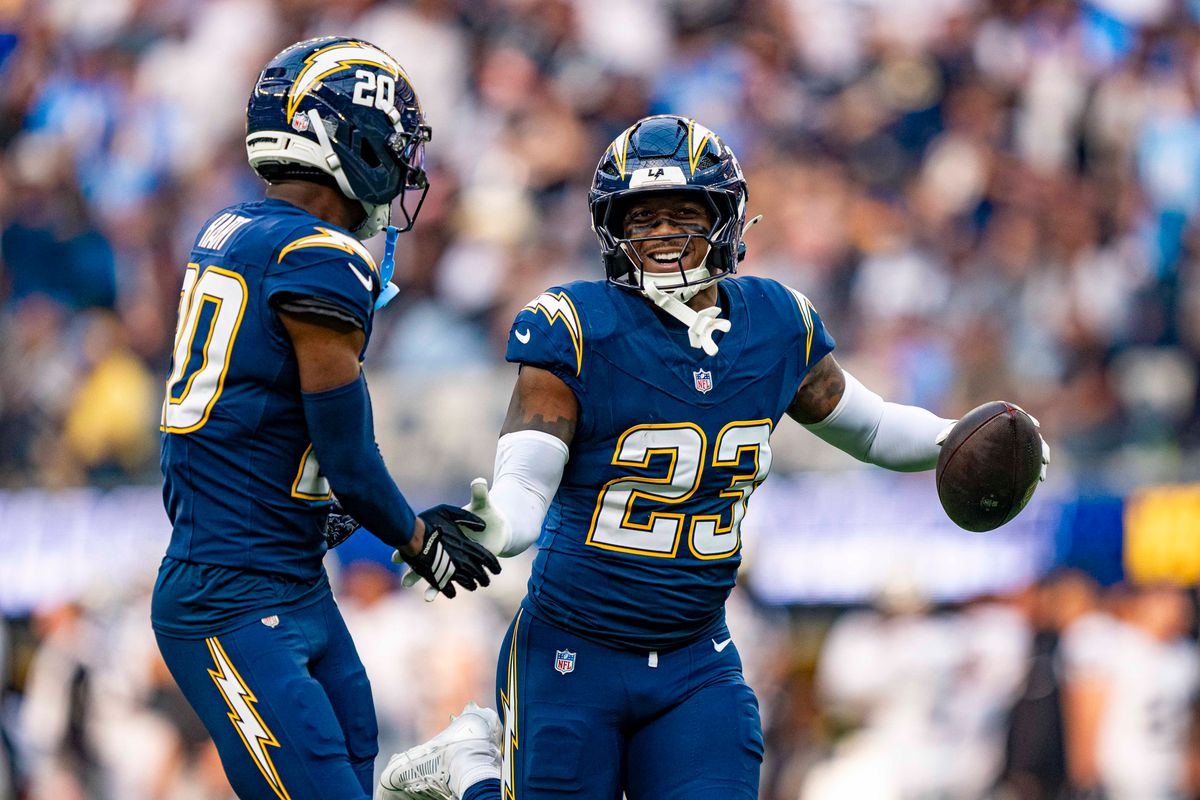 Los Angeles Chargers safety, Tony Jefferson (23) celebrates an interception during an NFL football game against the Las Vegas Raiders on November 30, 2025 in Los Angeles, CA.