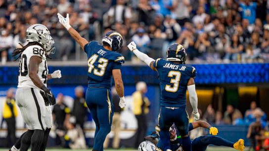 Los Angeles Chargers safety, Derwin James Jr (3) celebrates a teammate's tackle during an NFL football game against the Las Vegas Raiders on November 30, 2025 in Los Angeles, CA. Los Angeles Chargers safety, Derwin James Jr (3) celebrates a teammate's tackle during an NFL football game against the Las Vegas Raiders on November 30, 2025 in Los Angeles, CA.