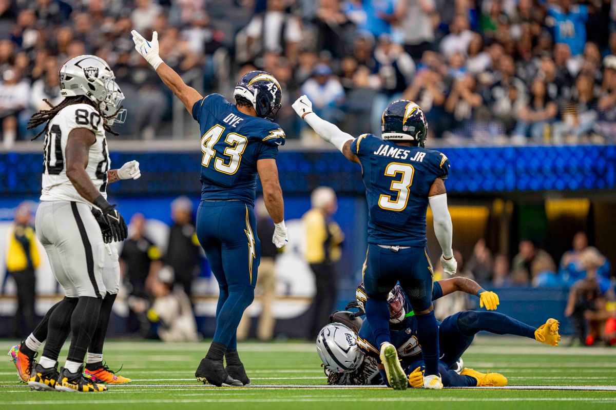 Los Angeles Chargers safety, Derwin James Jr (3) celebrates a teammate's tackle during an NFL football game against the Las Vegas Raiders on November 30, 2025 in Los Angeles, CA.