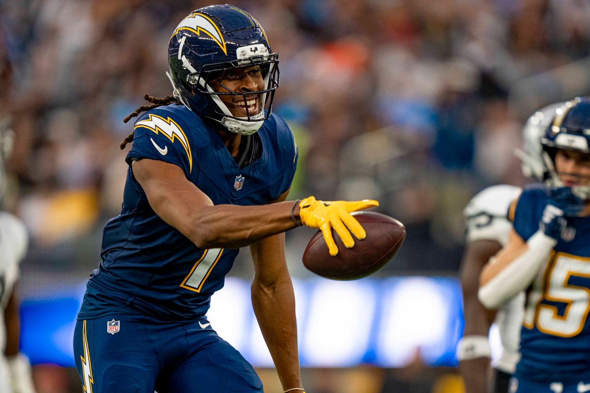 Los Angeles Chargers wide receiver, Quentin Johnston (1) celebrates a first down during an NFL football game against the Las Vegas Raiders on November 30, 2025 in Los Angeles, CA.