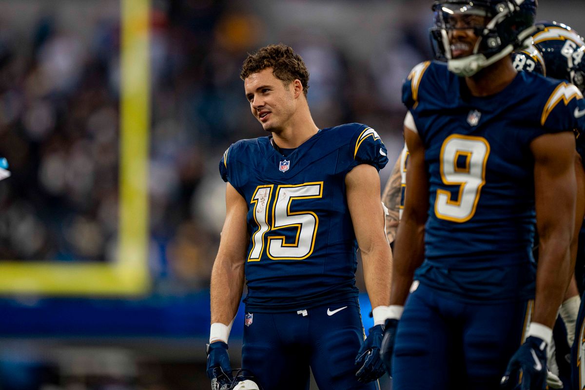 Los Angeles Chargers wide receiver, Ladd McConkey (15) smiles during an NFL football game against the Las Vegas Raiders on November 30, 2025 in Los Angeles, CA.