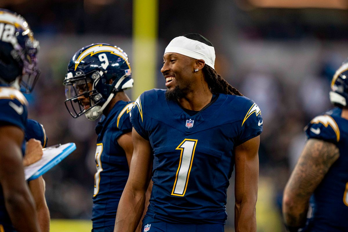 Los Angeles Chargers wide receiver, Quentin Johnston (1) smiles during an NFL football game against the Las Vegas Raiders on November 30, 2025 in Los Angeles, CA.