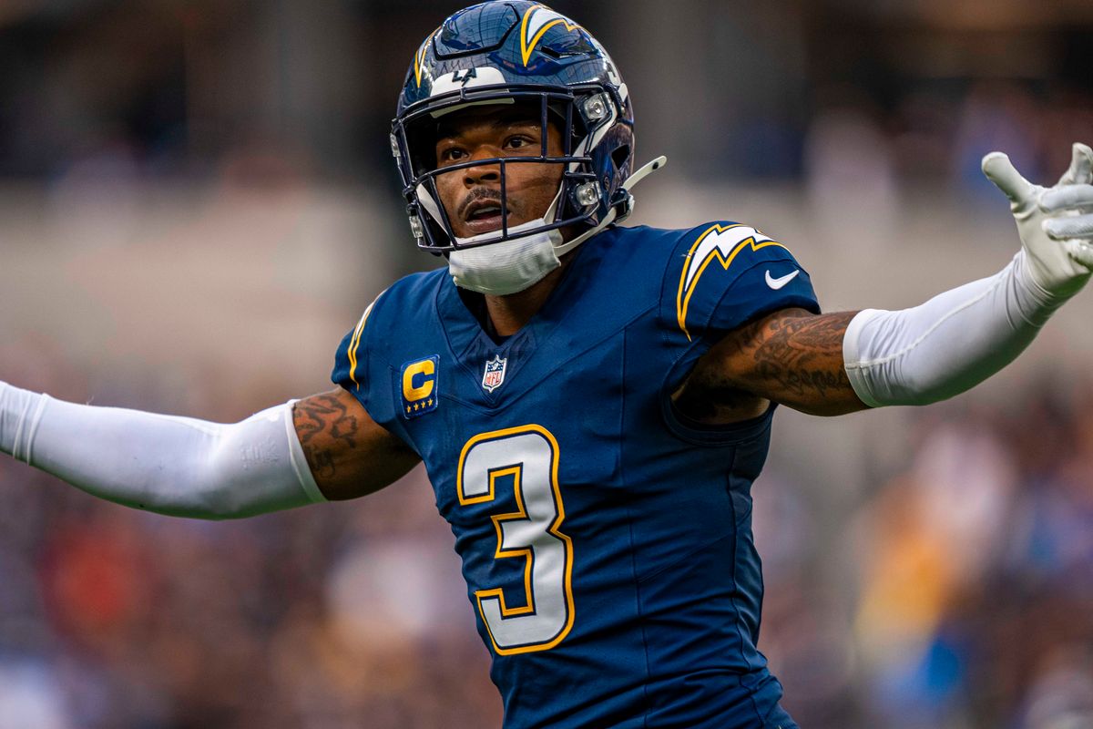 Los Angeles Chargers defensive back, Derwin James Jr (3) celebrates a sack during an NFL football game against the Las Vegas Raiders on November 30, 2025 in Los Angeles, CA.