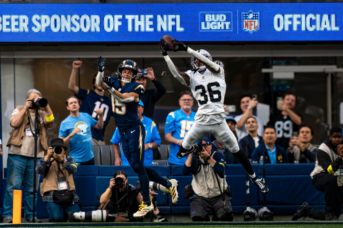 Las Vegas Raiders cornerback, Kyu Blu Kelly (36) intercepts a pass in the end zone during an NFL football game against the Los Angeles Chargers on November 30, 2025 in Los Angeles, CA.
