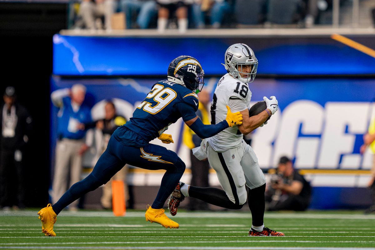 Las Vegas Raiders wide receiver, Jack Bech (18) runs after a catch during an NFL football game against the Los Angeles Chargers on November 30, 2025 in Los Angeles, CA.
