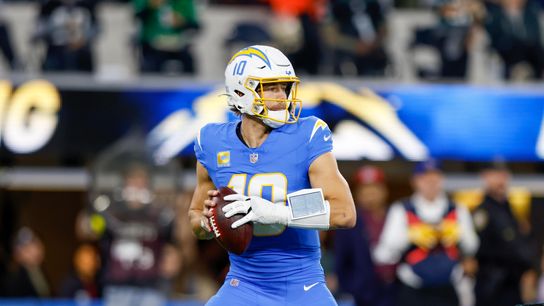 Los Angeles Chargers quarterback Justin Herbert (10) looks to throw the ball during a NFL game against the Philadelphia Eagles on. Monday December 08, 2025 at Sofi Stadium in Inglewood, CA.