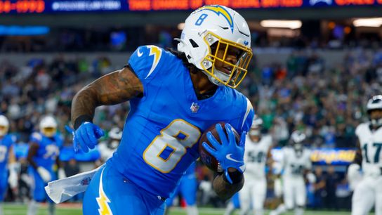 Los Angeles Chargers running back Omarion Hampton (8) runs the ball for a touchdown during a NFL game against the Philadelphia Eagles on. Monday December 08, 2025 at Sofi Stadium in Inglewood, CA.