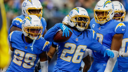 Los Angeles Chargers cornerback Donte Jackson (26) celebrates after play during a NFL game against the Philadelphia Eagles on. Monday December 08, 2025 at Sofi Stadium in Inglewood, CA.