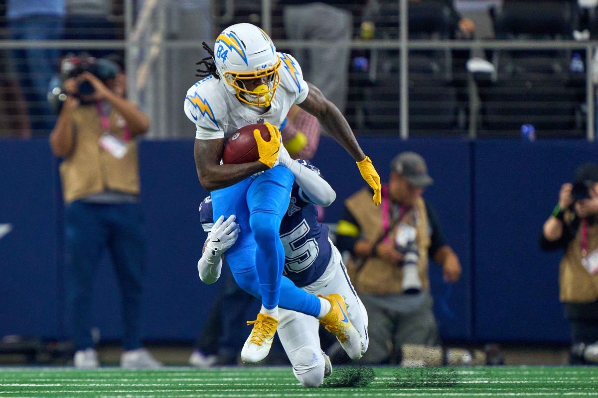 Los Angeles Chargers wide receiver Keandre Lambert-Smith #84 runs with the football during an NFL football game against the Dallas Cowboys, on Sunday December 21, 2025 in Arlington, Texas.          