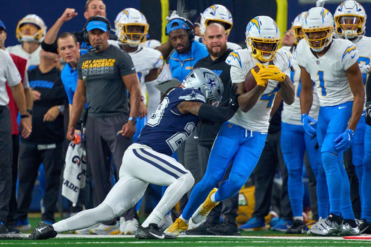 Los Angeles Chargers wide receiver Keandre Lambert-Smith #84 catches the football during an NFL football game against the Dallas Cowboys, on Sunday December 21, 2025 in Arlington, Texas.