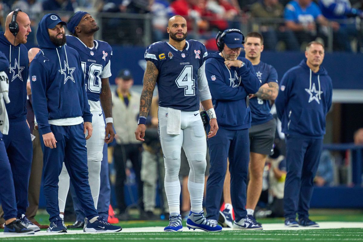Dallas Cowboys quarterback Dak Prescott #4 looks on during an NFL football game against the Los Angeles Chargers, on Sunday December 21, 2025 in Arlington, Texas.