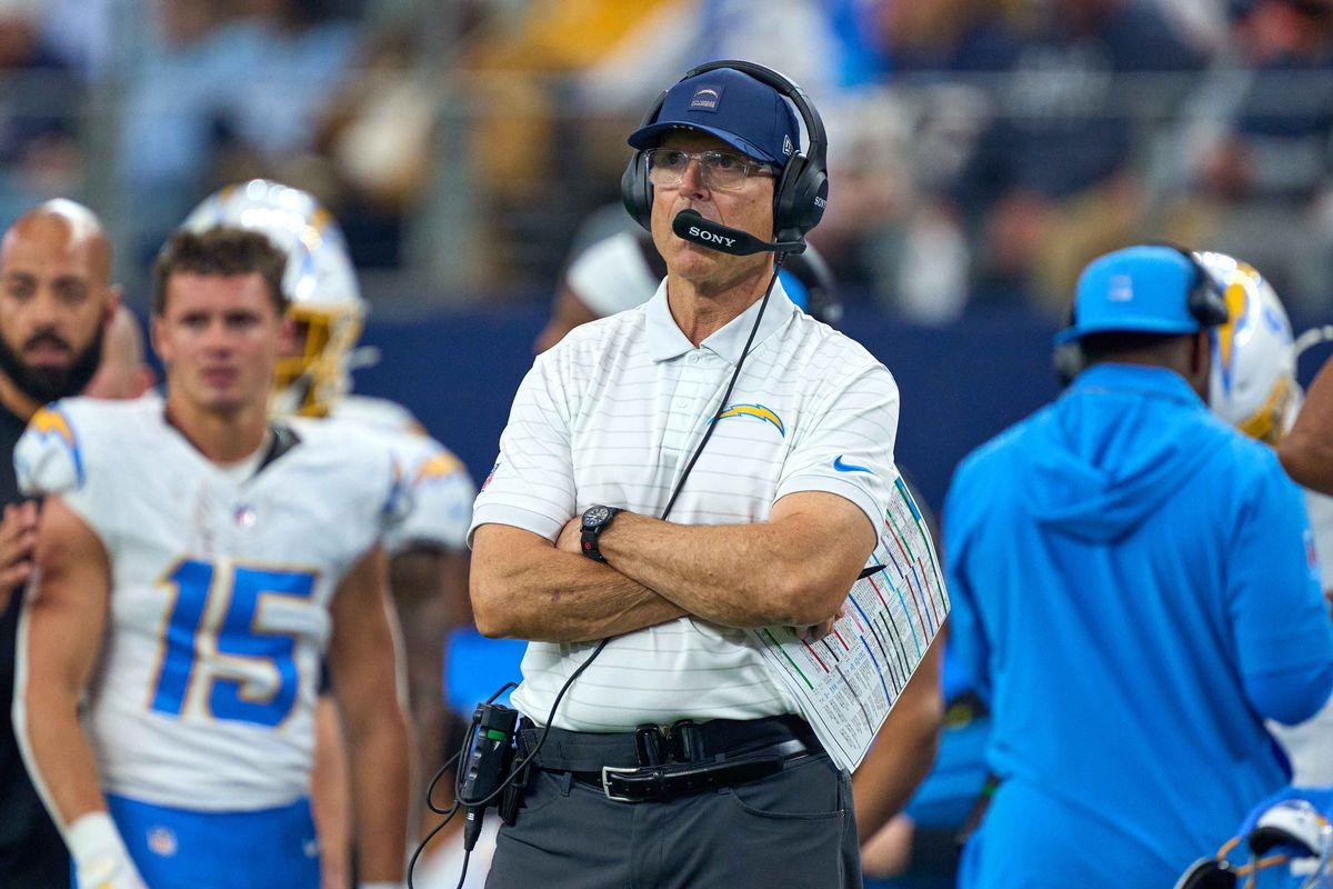 Los Angeles Chargers head coach Jim Harbaugh looks on during an NFL football game against the Dallas Cowboys, on Sunday December 21, 2025 in Arlington, Texas.