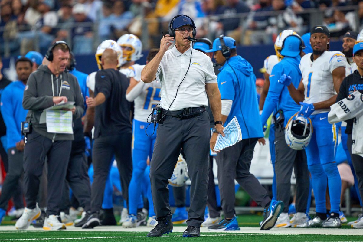 Los Angeles Chargers head coach Jim Harbaugh looks on during an NFL football game against the Dallas Cowboys, on Sunday December 21, 2025 in Arlington, Texas.