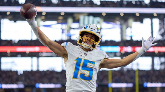Los Angeles Chargers wide receiver Ladd McConkey #15 celebrates after scoring a touchdown during an NFL football game against the Dallas Cowboys, on Sunday December 21, 2025 in Arlington, Texas.