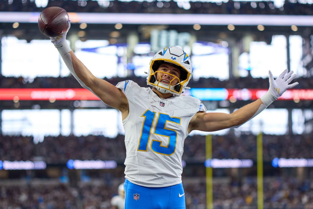 Los Angeles Chargers wide receiver Ladd McConkey #15 celebrates after scoring a touchdown during an NFL football game against the Dallas Cowboys, on Sunday December 21, 2025 in Arlington, Texas.