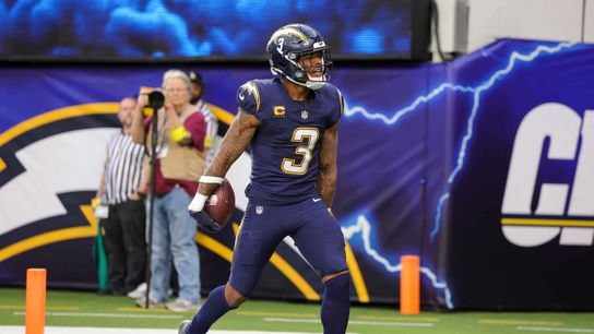 Los Angeles Chargers safety Derwin James Jr. (3) runs to the end zone to celebrate after intercepting the ball during a NFL game against the Houston Texans on December 027, 2025 at Sofi Stadium in Inglewood, CA.