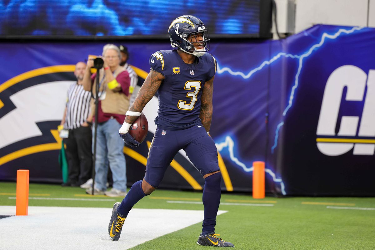 Los Angeles Chargers safety Derwin James Jr. (3) runs to the end zone to celebrate after intercepting the ball during a NFL game against the Houston Texans on December 027, 2025 at Sofi Stadium in Inglewood, CA.