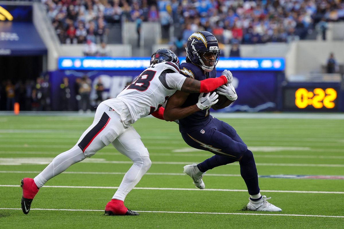 Los Angeles Chargers wide receiver Quentin Johnston (1) catches the ball for a gain during a NFL game against the Houston Texans on December 027, 2025 at Sofi Stadium in Inglewood, CA.