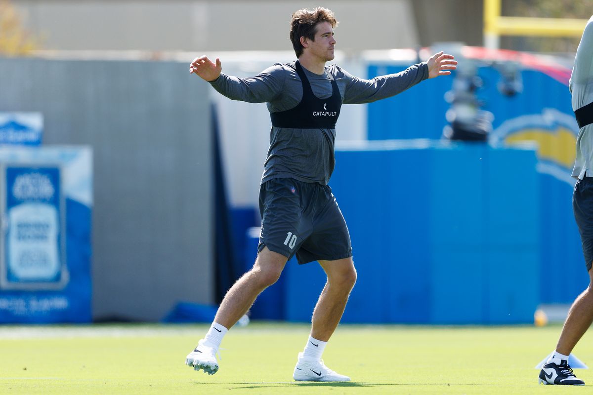 Justin Herbert #10 of the Los Angeles Chargers warms up during offseason workouts at The Bolt on April 20, 2026 in El Segundo, California. 
