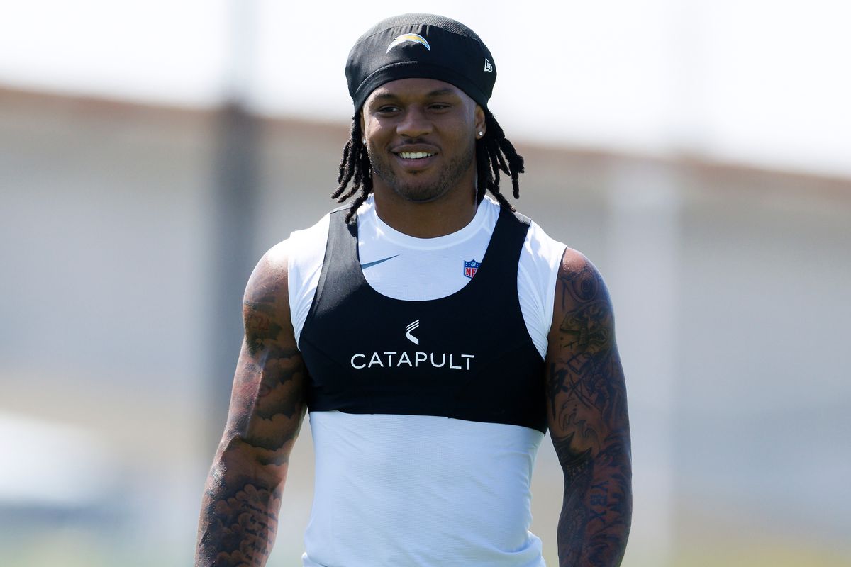 Omarion Hampton #8 of the Los Angeles Chargers walks during offseason workouts at The Bolt on April 20, 2026 in El Segundo, California.