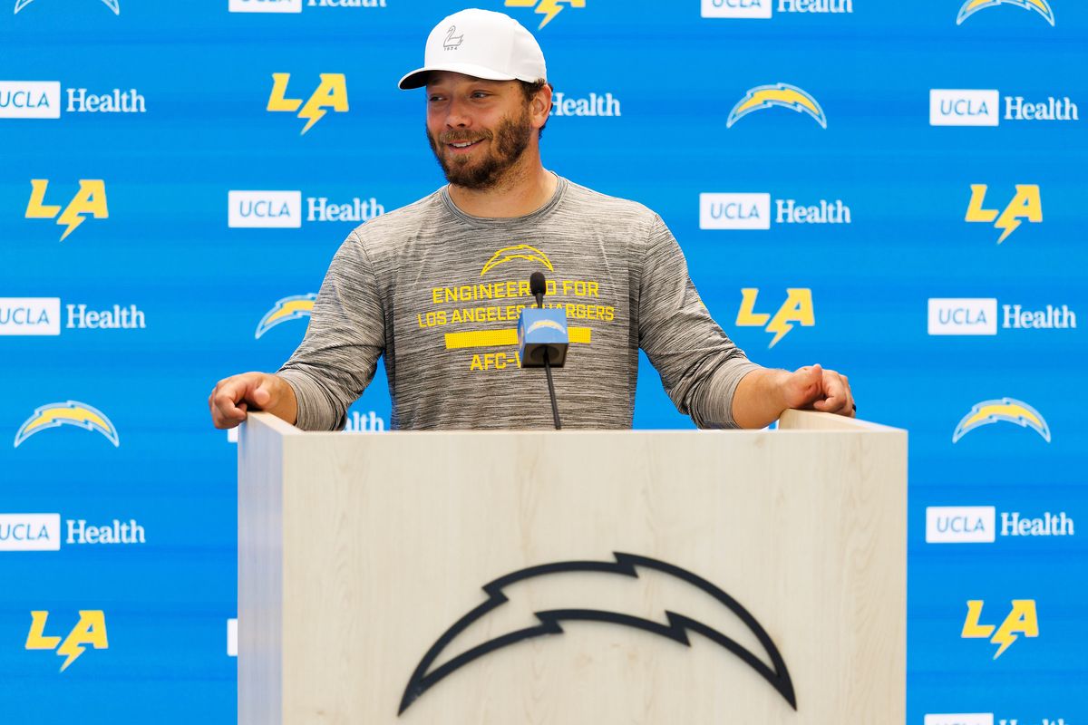 Alec Ingold of the Los Angeles Chargers address the media during a press conference after offseason workouts at The Bolt on April 20, 2026 in El Segundo, California. 