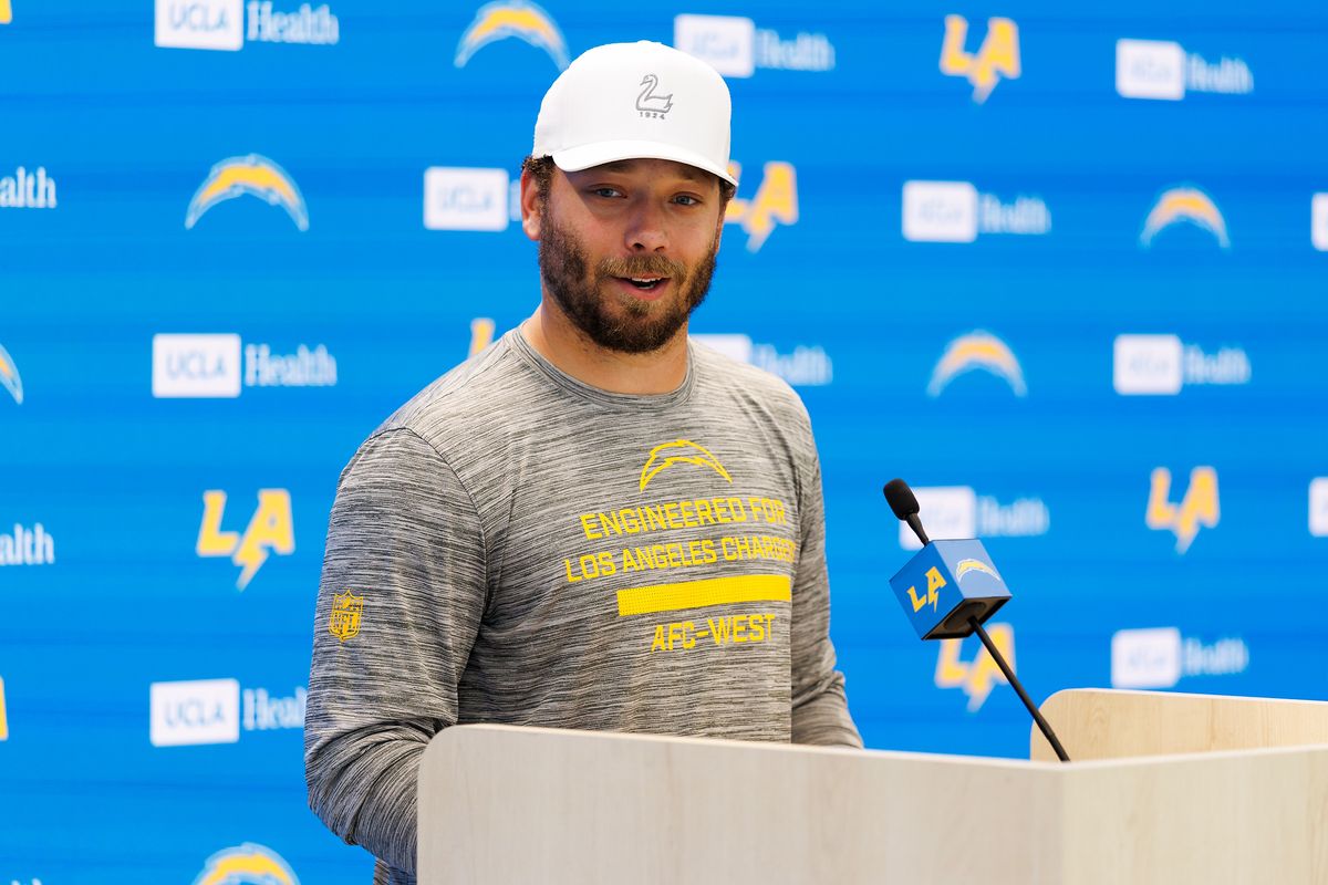 Alec Ingold of the Los Angeles Chargers address the media during a press conference after offseason workouts at The Bolt on April 20, 2026 in El Segundo, California. 