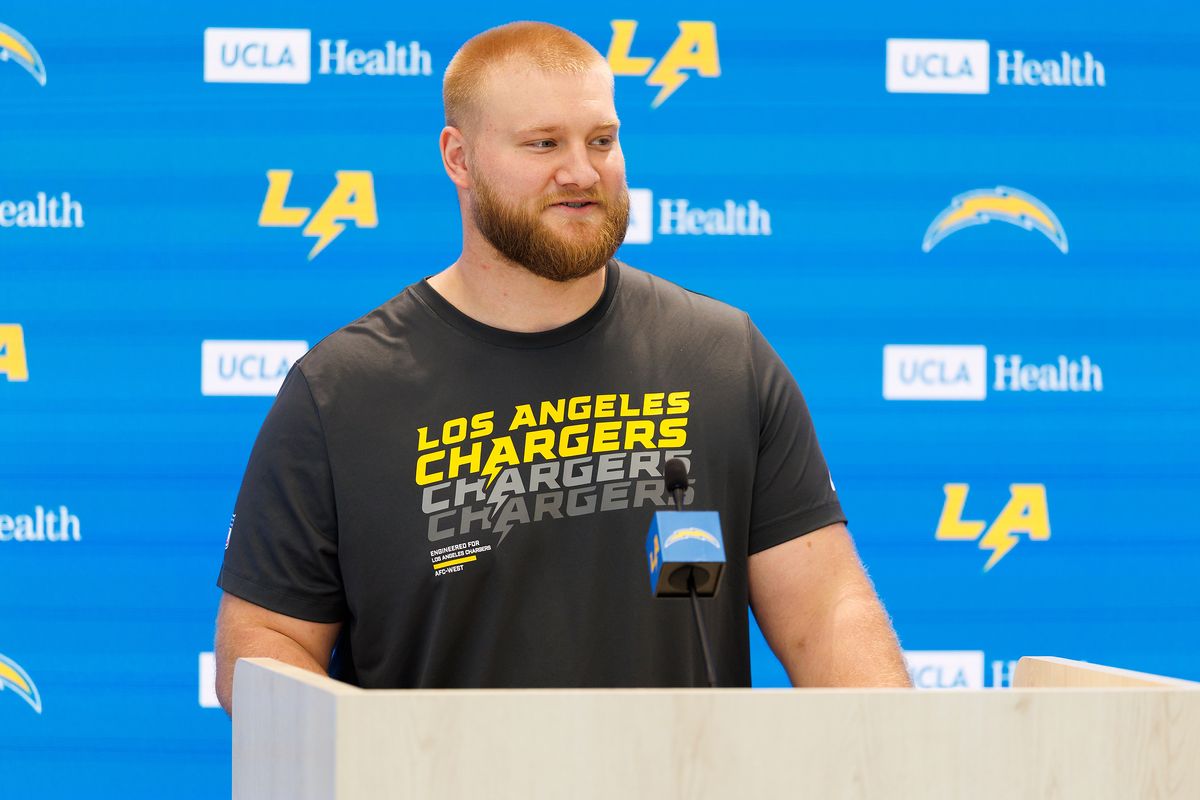 Tyler Biadasz of the Los Angeles Chargers address the media during a press conference after offseason workouts at The Bolt on April 20, 2026 in El Segundo, California. 