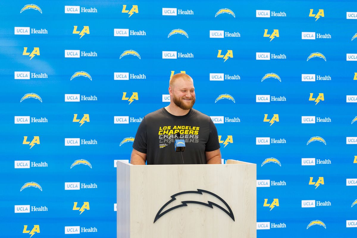 Tyler Biadasz of the Los Angeles Chargers address the media during a press conference after offseason workouts at The Bolt on April 20, 2026 in El Segundo, California. 