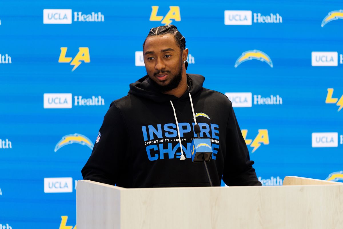 Del’Shawn Phillips of the Los Angeles Chargers addresses members of the media during a press conference after offseason workouts at The Bolt on April 20, 2026 in El Segundo, California.  