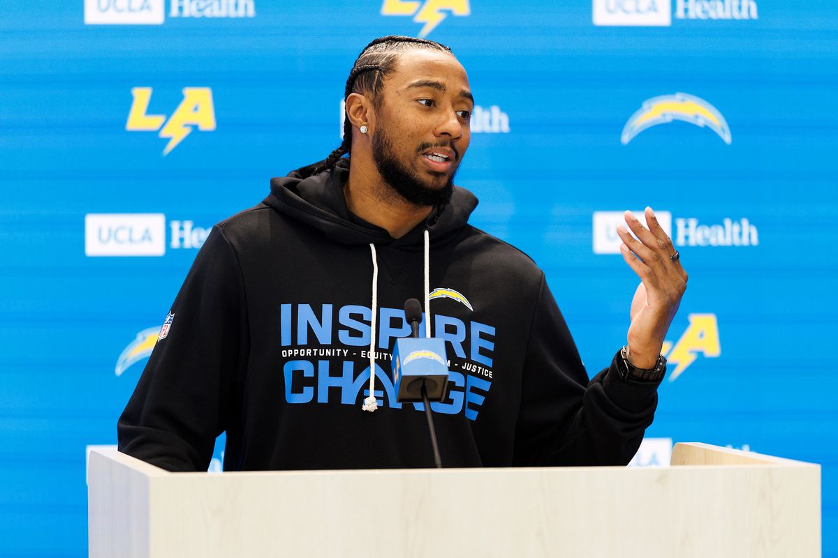 Del’Shawn Phillips of the Los Angeles Chargers addresses members of the media during a press conference after offseason workouts at The Bolt on April 20, 2026 in El Segundo, California.  