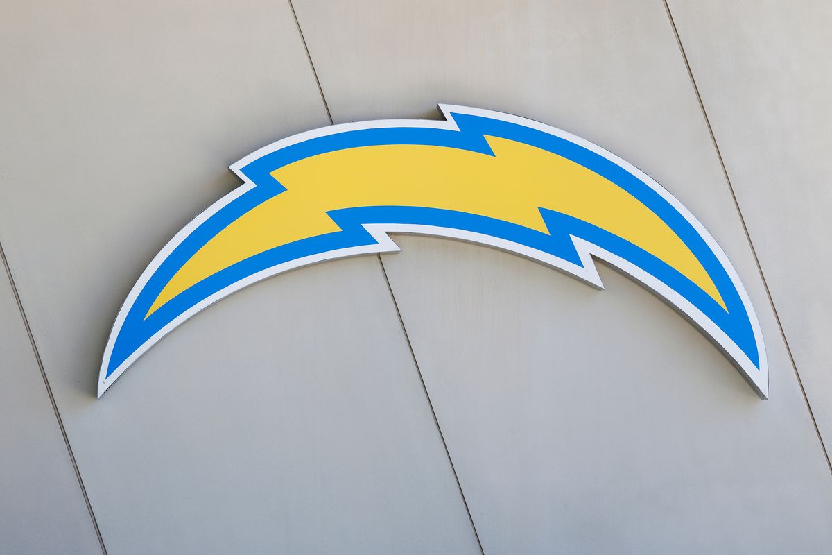 A detail view of a Los Angeles Chargers logo after offseason workouts at The Bolt on April 20, 2026 in El Segundo, California. 