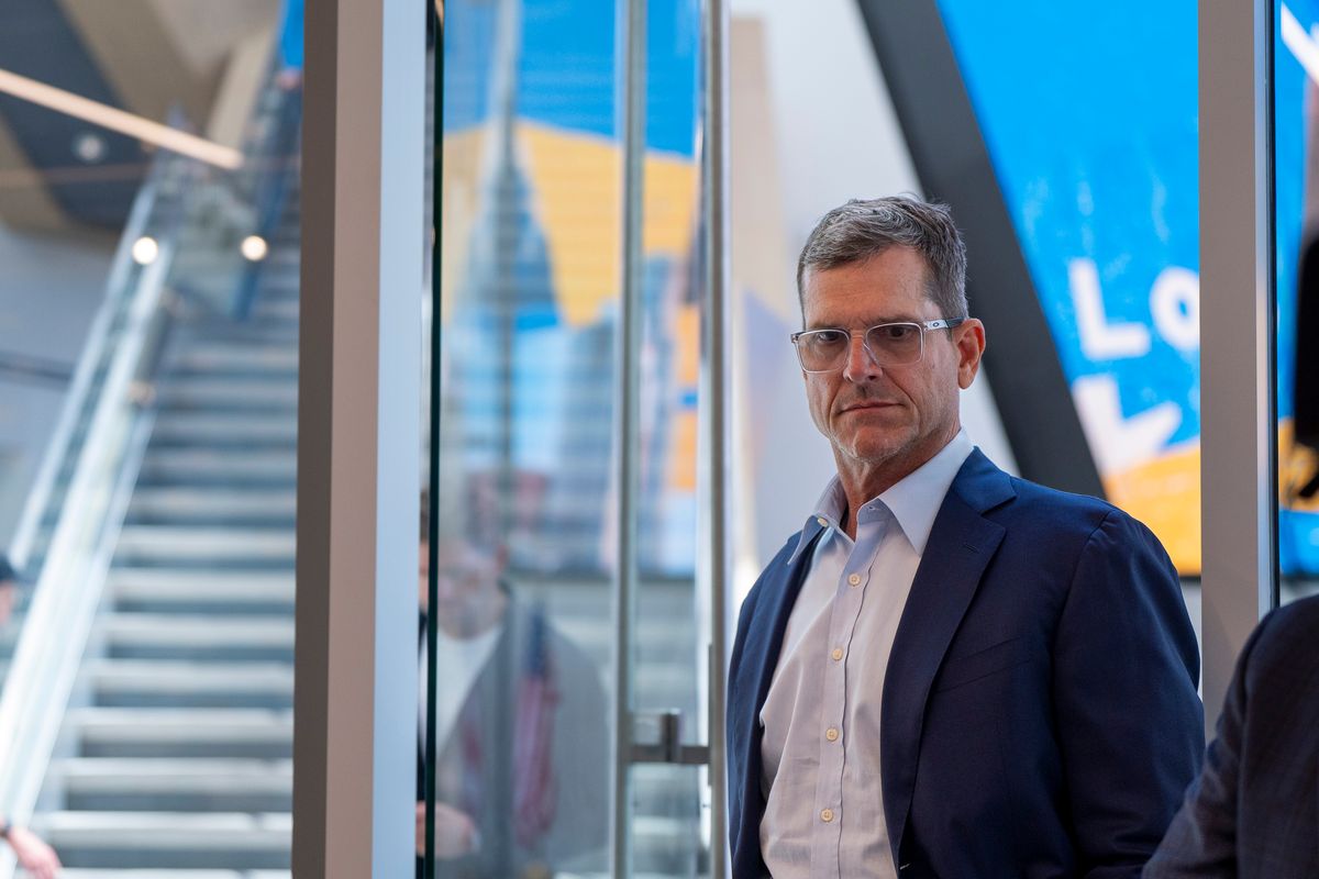 Los Angeles Chargers head coach Jim Harbaugh attends the Akheem Mesidor's first presser after being drafted in the first round of the NFL Draft on April 24th, 2026 at The Bolt.