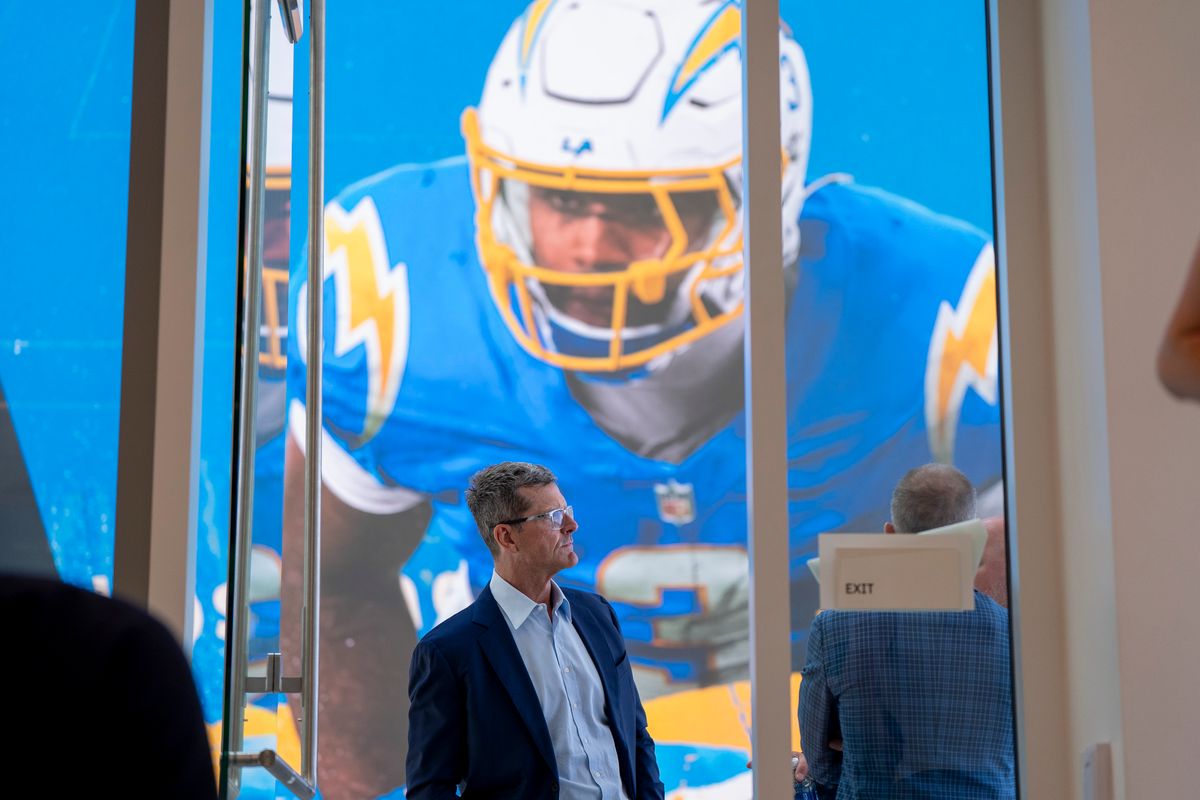 Los Angeles Chargers head coach Jim Harbaugh attends the Akheem Mesidor's first presser after being drafted in the first round of the NFL Draft on April 24th, 2026 at The Bolt.