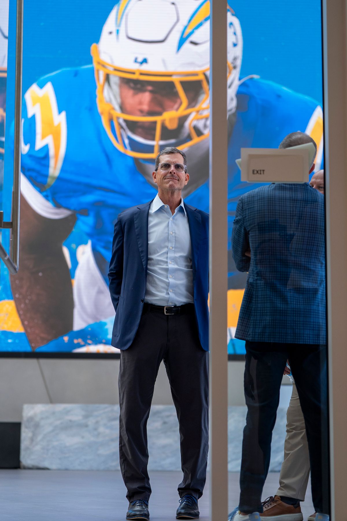 Los Angeles Chargers head coach Jim Harbaugh attends the Akheem Mesidor's first presser after being drafted in the first round of the NFL Draft on April 24th, 2026 at The Bolt.