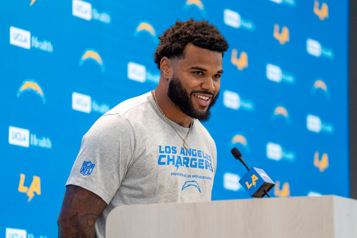 Los Angeles Chargers edge Akheem Mesidor attends his first presser after being drafted in the first round of the NFL Draft on April 24th, 2026 at The Bolt.