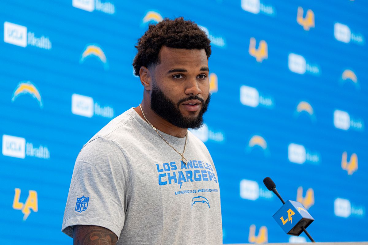 Los Angeles Chargers edge Akheem Mesidor attends his first presser after being drafted in the first round of the NFL Draft on April 24th, 2026 at The Bolt.