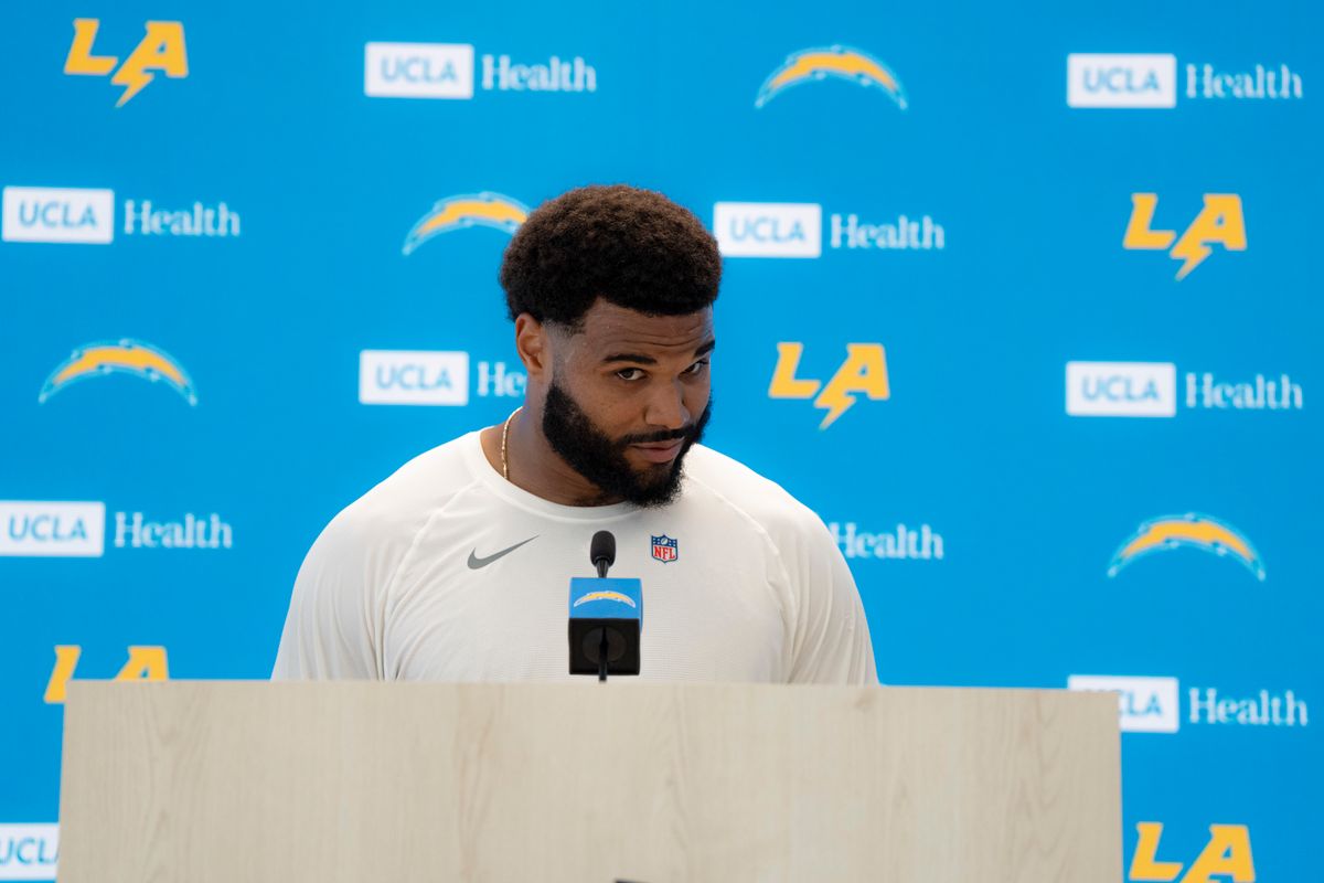 Los Angeles Chargers defensive lineman Akheem Mesidor addressing the press during Chargers organized team activities on May 8th, 2026 in El Segundo, CA.