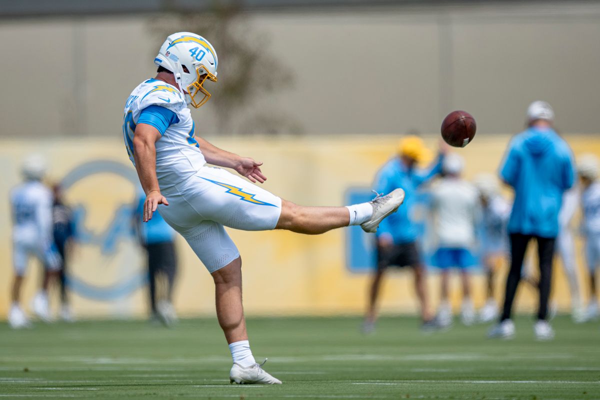 Los Angeles Chargers punter Marshall Nichols (40) kicking during Chargers organized team activities on May 8th, 2026 in El Segundo, CA.