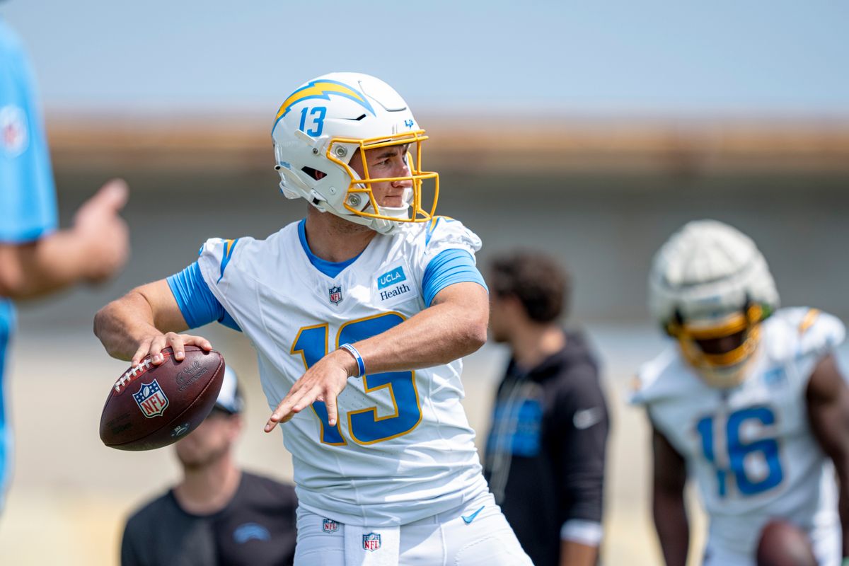 Los Angeles Chargers quarterback Drew Nash (13) passing the ball during Chargers organized team activities on May 8th, 2026 in El Segundo, CA.